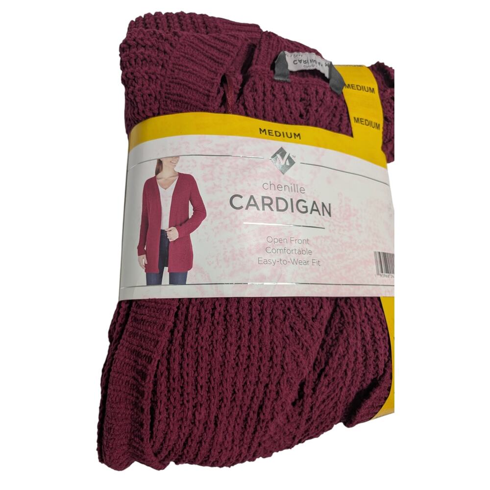 Members Mark Chenille Cardigan Sweater M Raspberry Red Open Front Cutouts‎ Soft - Picture 10 of 12
